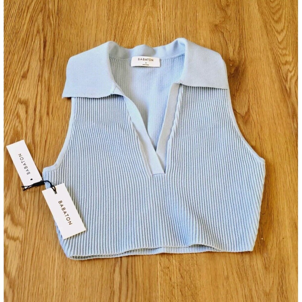 Babaton Aritzia Sculpt Ribbed Knit Cropped Collared V-Neck Halter Top Size S New